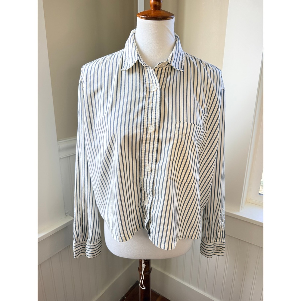 Everlane The Woven P.J. Top Blue White Stripe Cotton Pajama Shirt L